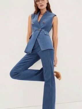Veronica Beard Sleeveless Double-Breasted Blue Pantsuit Vest and Pants